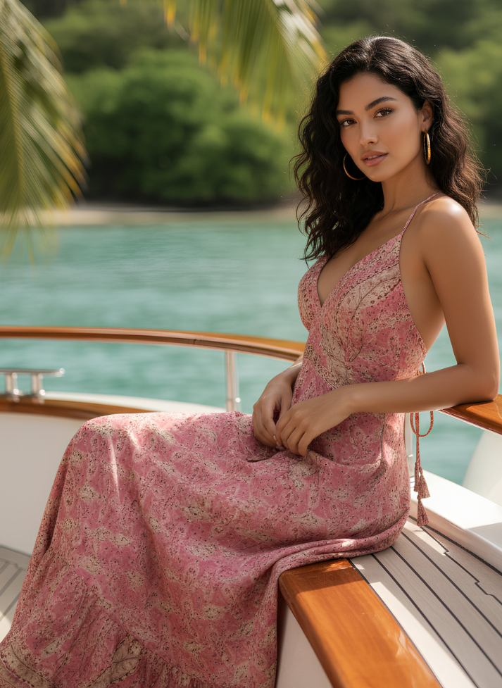 FLORA PINK FLORAL PRINTED MAXI DRESS