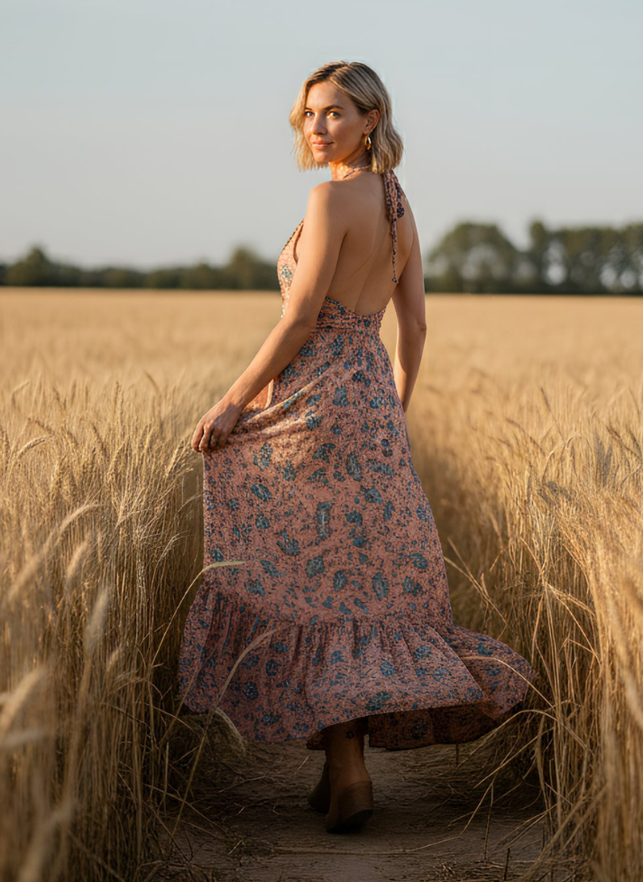 HALTER NECK DRAW STRING BACK DRESS IN PINK COLOR