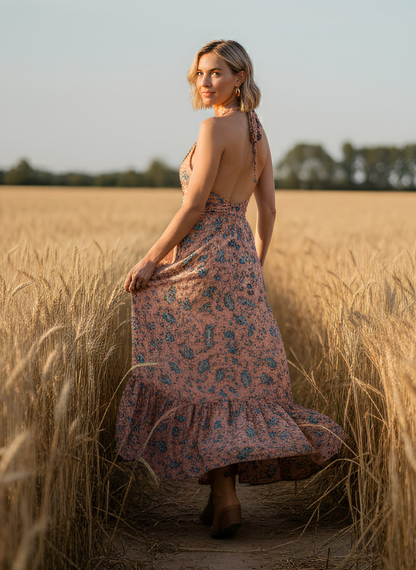 HALTER NECK DRAW STRING BACK DRESS IN PINK COLOR