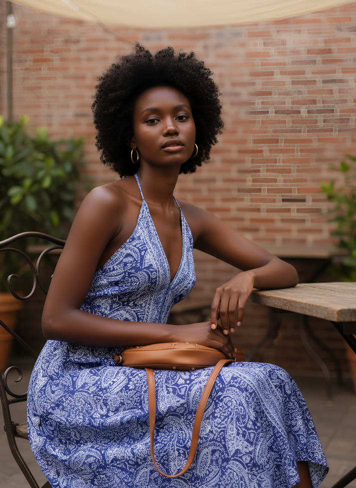 ALAYA NAVY WHITE HANKY HEM MAXI DRESS