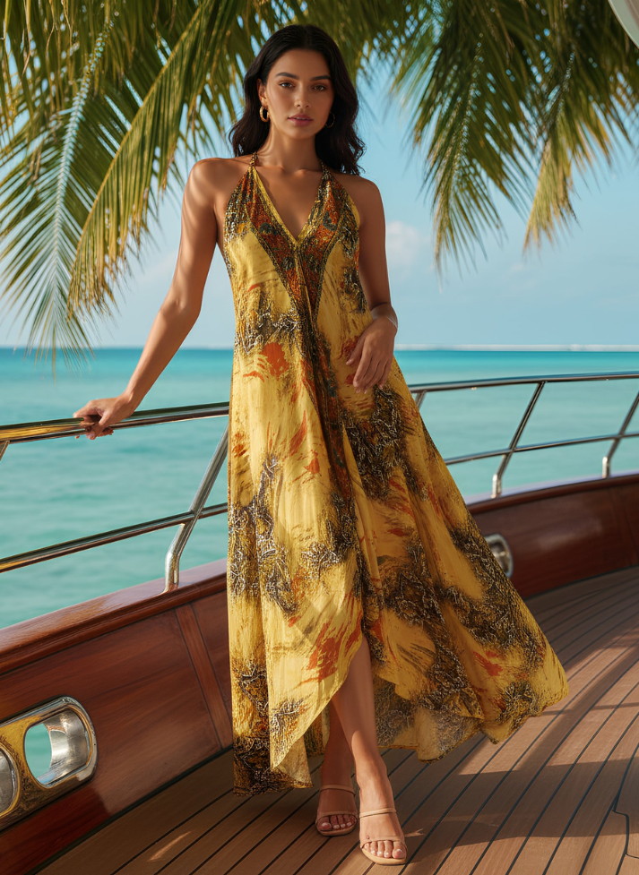 FLORA YELLOW FLORAL PRINTED MAXI DRESS