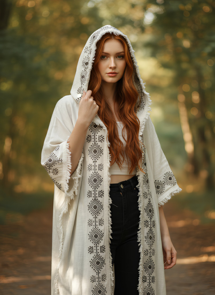 ASH IVORY-COLOR LONG HOODED KIMONO