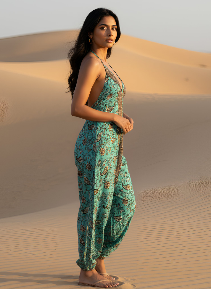 LAYLA BOHO HAREM JUMPSUIT – GREEN BROWN
