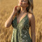 HALTER NECK DRAW STRING BACK DRESS IN GREEN CREAM COLOR