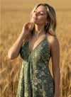 HALTER NECK DRAW STRING BACK DRESS IN GREEN CREAM COLOR