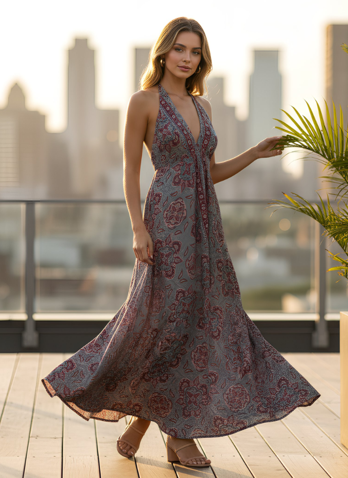 A LINE HALTER NECK WITH UNDERBUST DRAWSTRING AND ADJUSTABLE NECK TIE DRESS