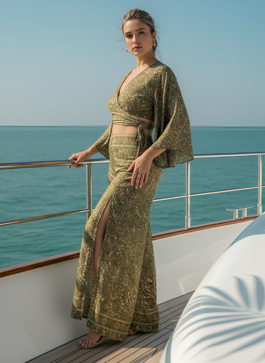 HAILEY GREENISH-CREAM PRINTED WRAP TOP & TROUSER SET