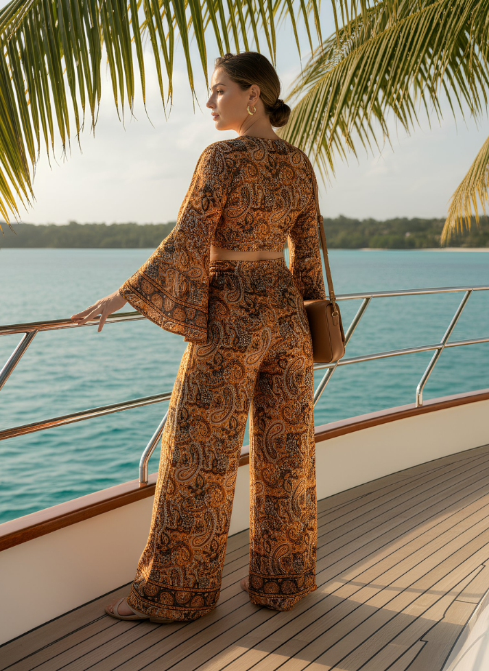 HAILEY ORANGE TURQUOISE PRINTED WRAP TOP & TROUSER SET