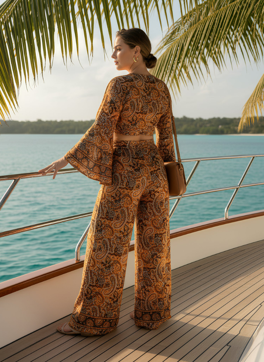 HAILEY ORANGE TURQUOISE PRINTED WRAP TOP & TROUSER SET