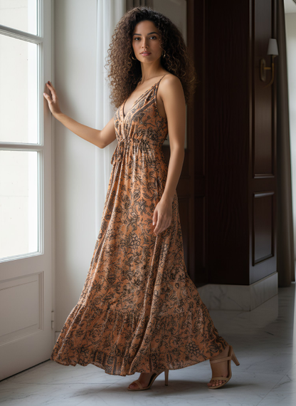 Rosie Peach Brown Mix Paisley-Print Maxi Dress