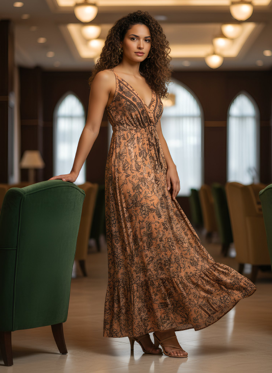 Rosie Peach Brown Mix Paisley-Print Maxi Dress