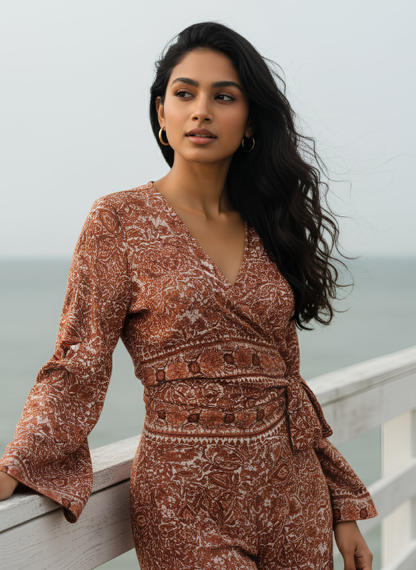 Rust Print Wrap Top and Side Split Trouser Set RED CREAM