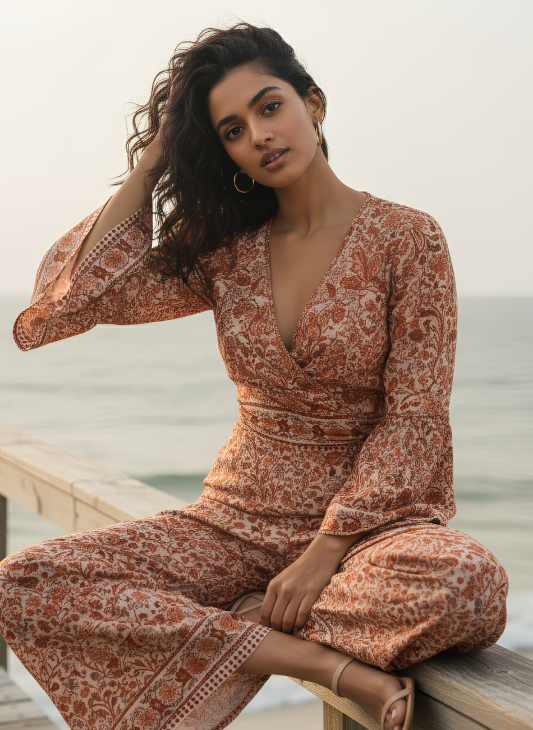 Rust Print Wrap Top and Side Split Trouser Set RED CREAM