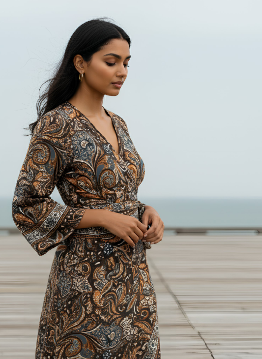 Rust Print Wrap Top and Side Split Trouser Set Brown Orange Blue