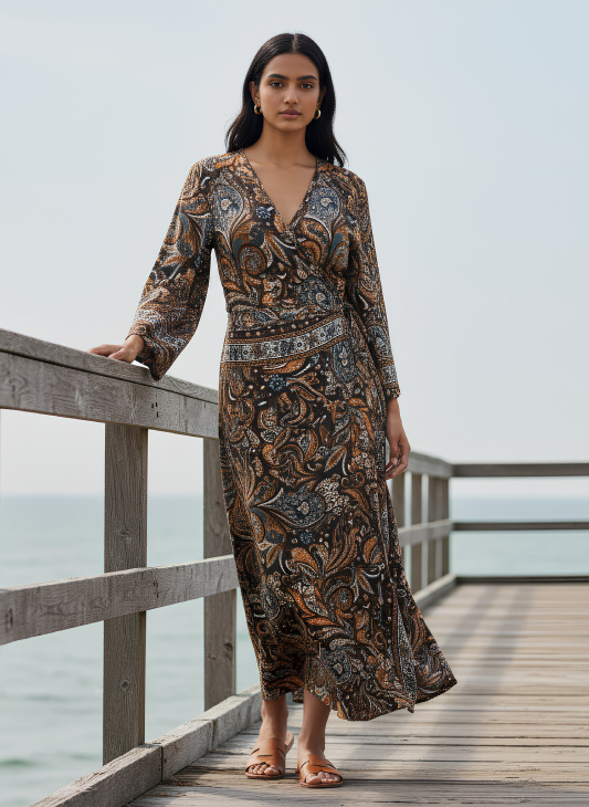 Rust Print Wrap Top and Side Split Trouser Set Brown Orange Blue