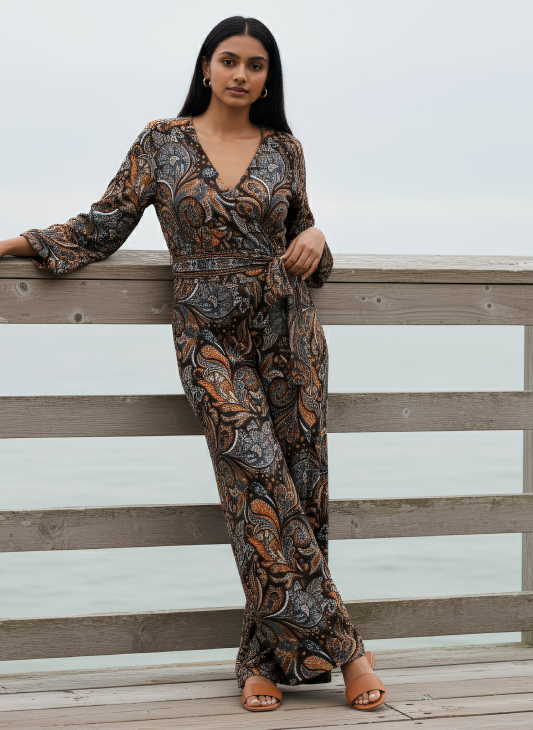 Rust Print Wrap Top and Side Split Trouser Set Brown Orange Blue