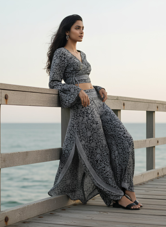 Rust Print Wrap Top and Side Split Trouser Set PINK GREY