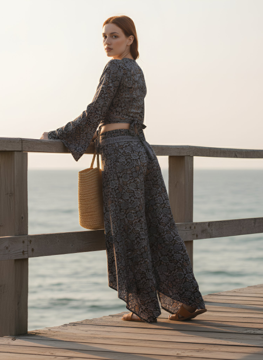 Rust Print Wrap Top and Side Split Trouser Set PINK GREY