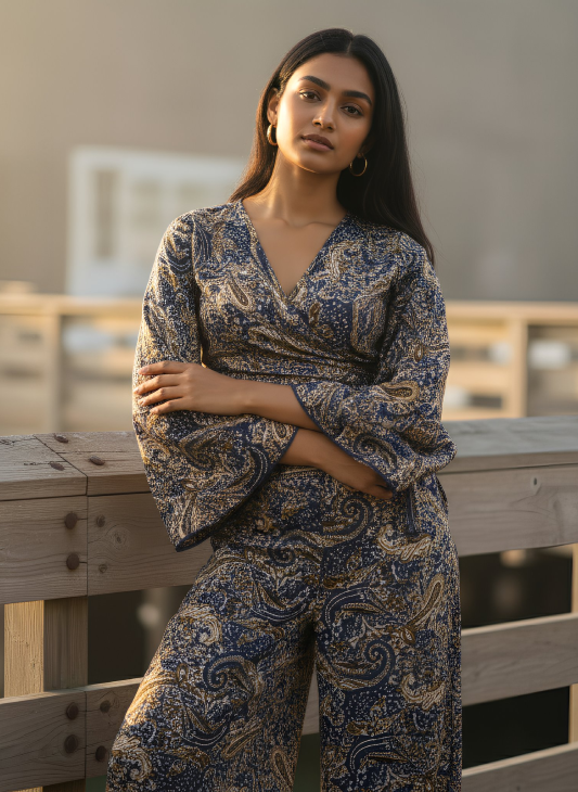 Rust Print Wrap Top and Side Split Trouser Set BLUE PINK GREEN