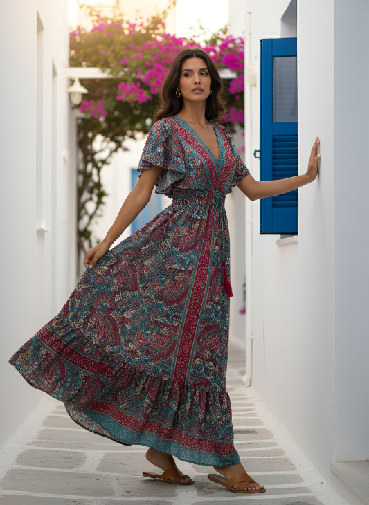 EOLA5 SHORT SLEEVE Smocked Back Maxi Dress