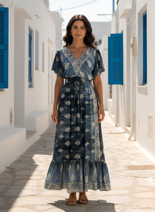 EOLA7 SHORT SLEEVE Smocked Back Maxi Dress