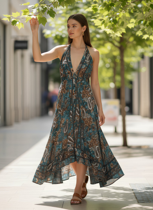 KIM Terracotta Halter Neck Midi Dress EMERALD ORANGE