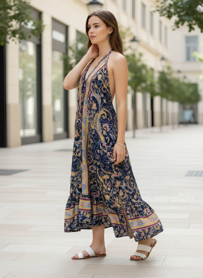 KIM Terracotta Halter Neck Midi Dress BLUE PINK