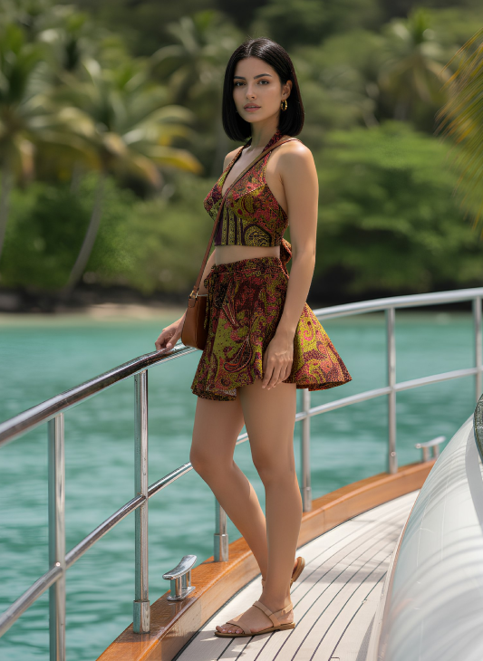 EMMA Earth-Tone Print Halter Crop Top and Skort Set EMERALD PINK