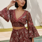 EMMA Earth-Tone Print Halter Crop Top and Skort Set RED GOLD