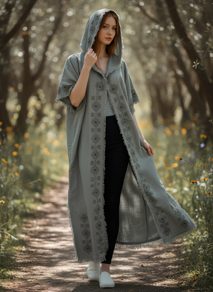 ASH SAGE-COLOR LONG HOODED KIMONO