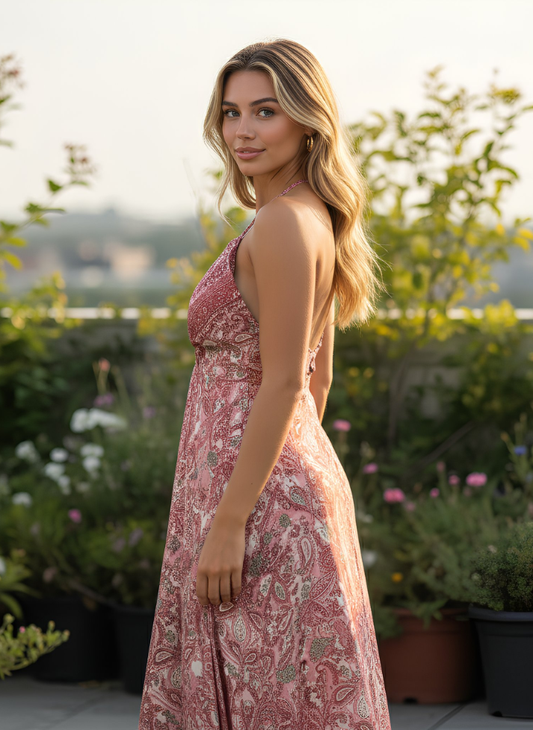 A LINE HALTER NECK WITH UNDERBUST DRAWSTRING AND ADJUSTABLE NECK TIE DRESS