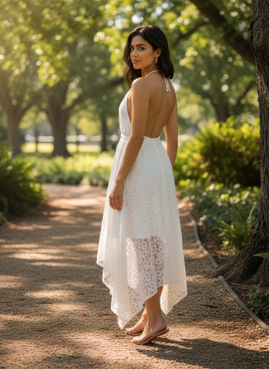 ORIEL White Lace High-Low Dress