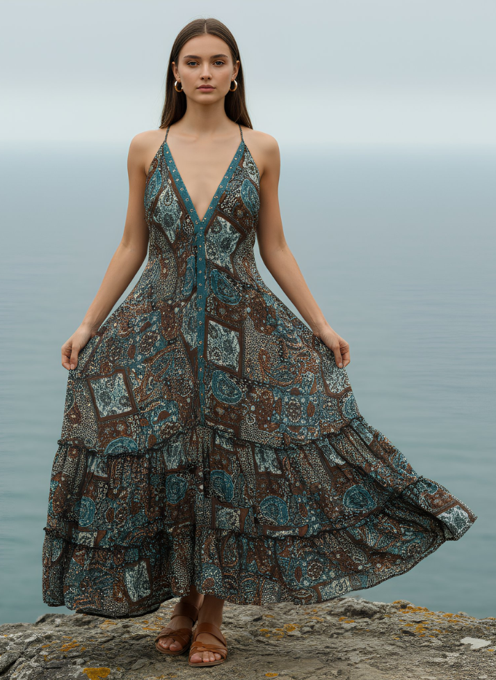 HI-LOW, DEEP BACK, LONG DRESS WITH DRAWSTRING UNDERBUST -RED BLUE