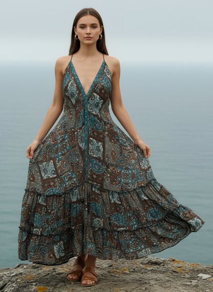 HI-LOW, DEEP BACK, LONG DRESS WITH DRAWSTRING UNDERBUST -RED BLUE