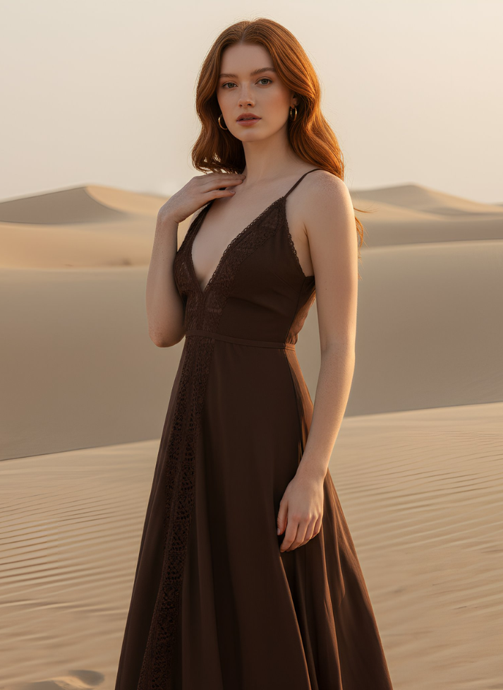 ASH BROWN-COLOR HALTER NECK ADJUSTABLE CRISS CROSS STRAP DRESS