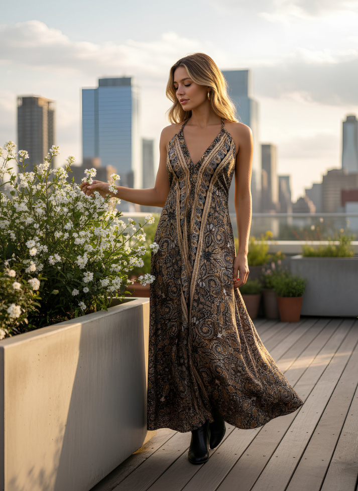 A LINE HALTER NECK WITH UNDERBUST DRAWSTRING AND ADJUSTABLE NECK TIE DRESS