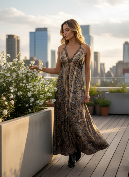 A LINE HALTER NECK WITH UNDERBUST DRAWSTRING AND ADJUSTABLE NECK TIE DRESS