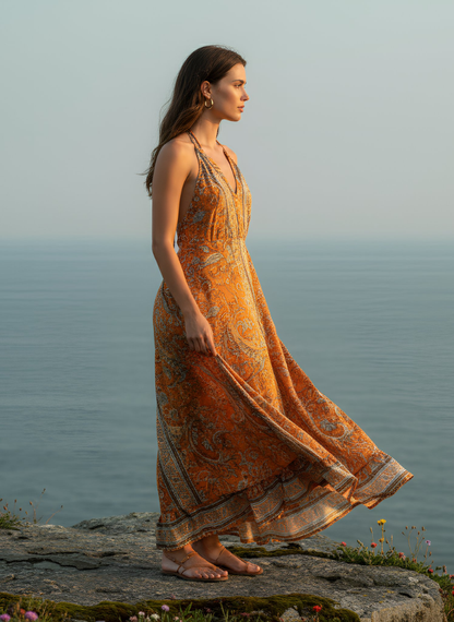 HI-LOW, DEEP BACK, LONG DRESS WITH DRAWSTRING UNDERBUST - ORANGE GREEN