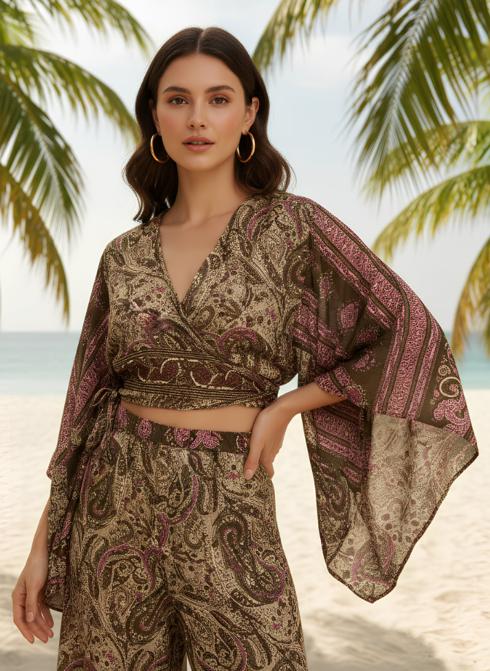 HAILEY PINK-GREEN GOLDEN PRINTED WRAP TOP & TROUSER SET