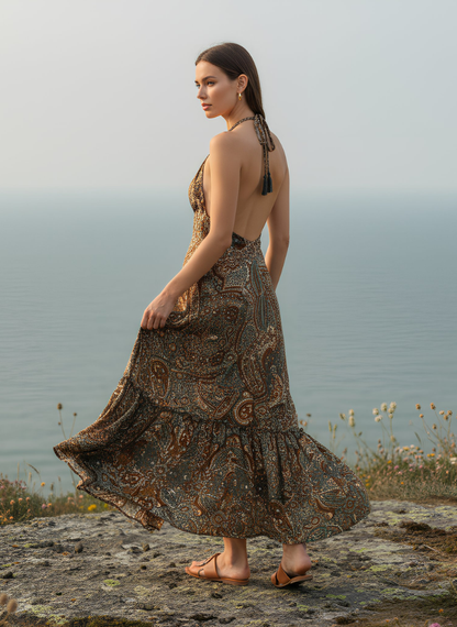 HI-LOW, DEEP BACK, LONG DRESS WITH DRAWSTRING UNDERBUST -RED GREEN GOLD