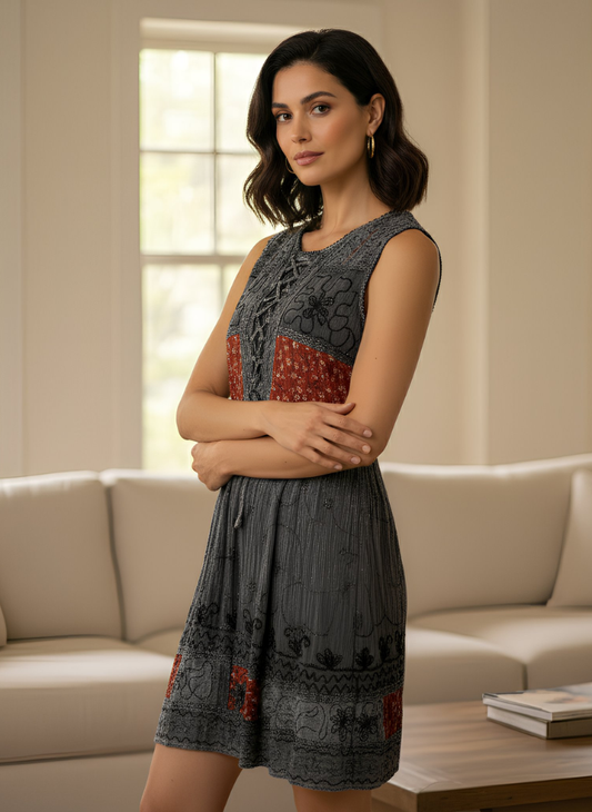 REA Dark Grey Color Embroidered Dress