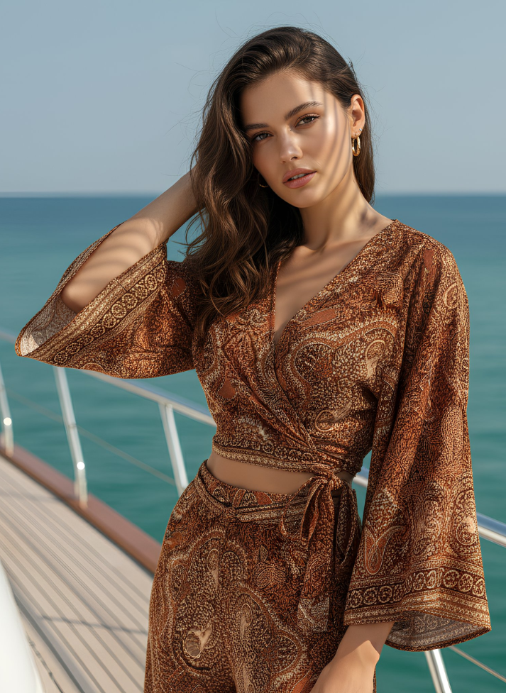 HAILEY ORANGE YELLOW PRINTED WRAP TOP & TROUSER SET