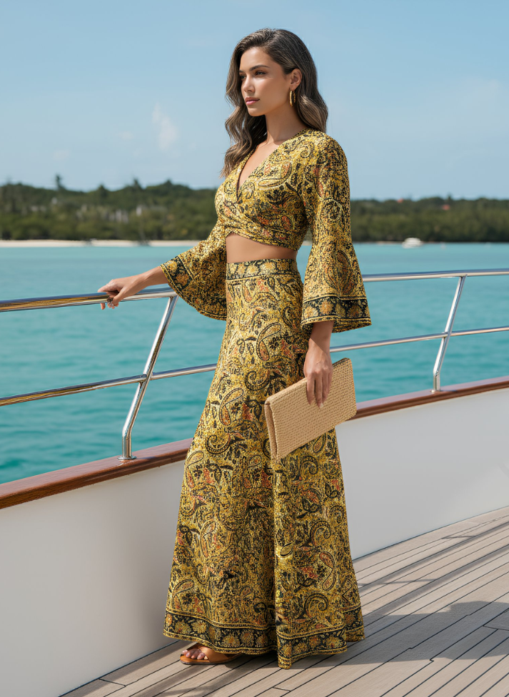 HAILEY GREEN-PINK NAVY PRINTED WRAP TOP & TROUSER SET