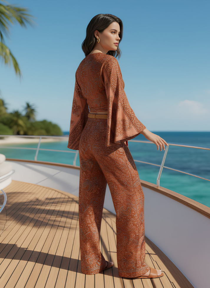 HAILEY RED PINK PRINTED WRAP TOP & TROUSER SET