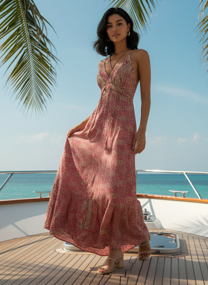 FLORA PINK FLORAL PRINTED MAXI DRESS