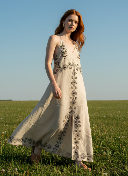 ASH IVORY COLOR HALTER NECK DRESS WITH FRONT CENTRAL SPLIT