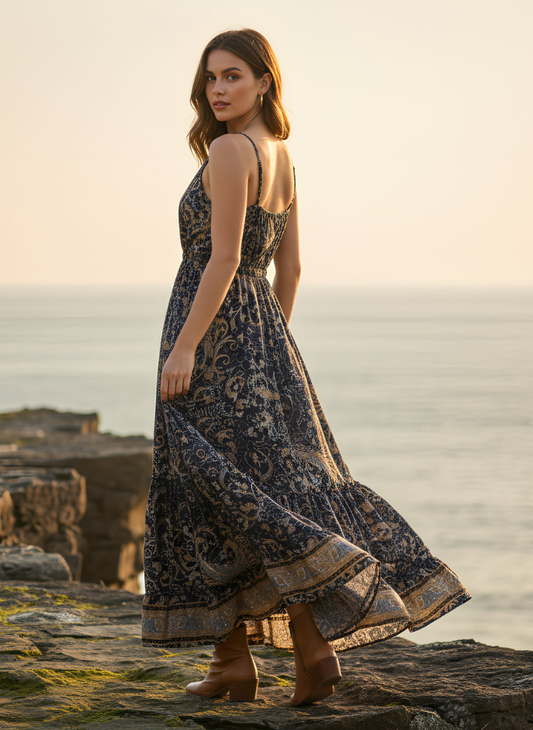 HI-LOW, DEEP BACK, LONG DRESS WITH DRAWSTRING UNDERBUST - NAVY PINK MIX