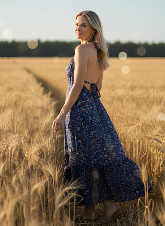 HALTER NECK DRAW STRING BACK DRESS IN NAVY RED COLOR