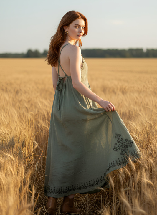 ASH SAGE COLOUR HALTER NECK ADJUSTABLE CRISS CROSS STRAP DRESS