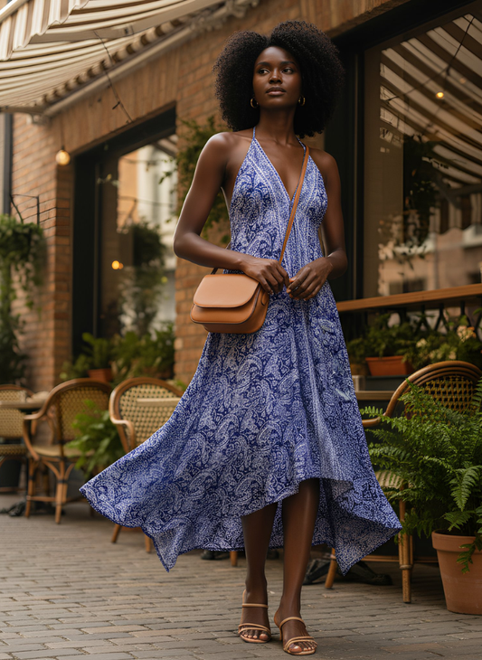 ALAYA NAVY WHITE HANKY HEM MAXI DRESS